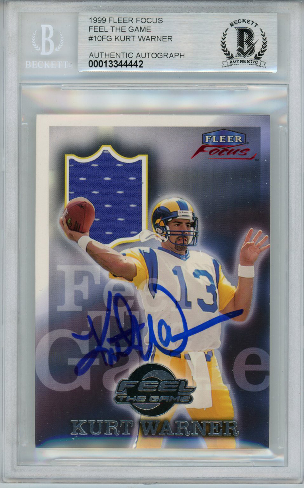 Kurt Warner Signed 1999 Fleer Focus Feel The Game Jersey Card BAS Slab