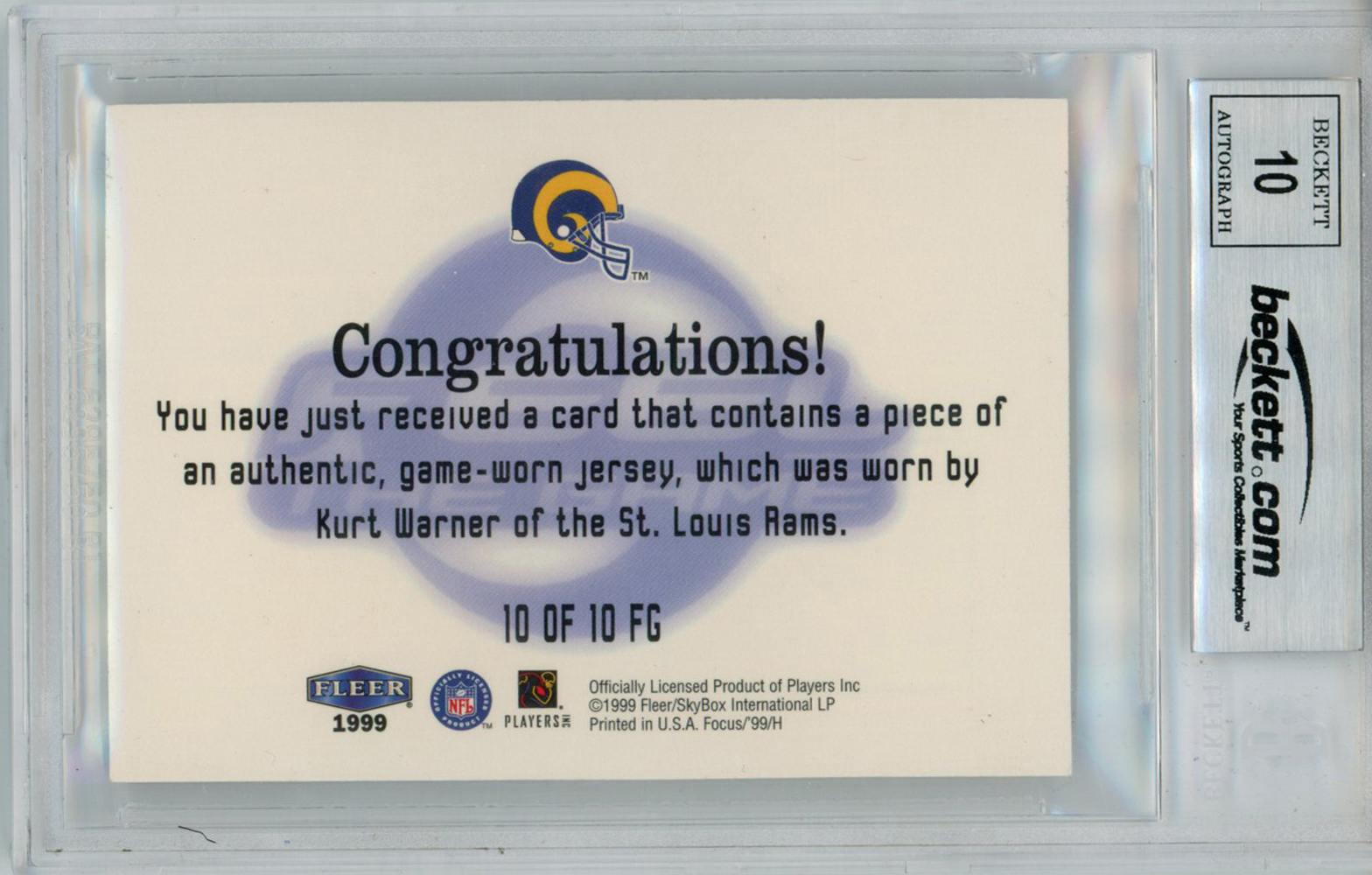 Kurt Warner Signed 1999 Fleer Focus Feel The Game Jersey Card BAS Slab