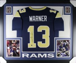 Kurt Warner Autographed/Signed Pro Style Blue XL Framed Jersey Beckett 51243