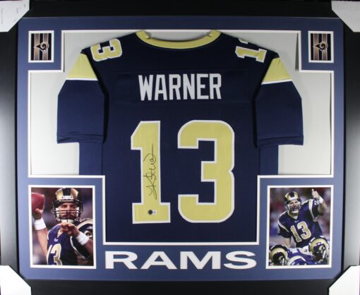 Kurt Warner Autographed/Signed Pro Style Blue XL Framed Jersey Beckett 51243