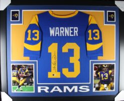 Kurt Warner Autographed/Signed Pro Style Blue XL Framed Jersey Beckett 51242