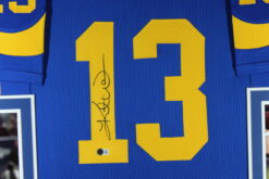 Kurt Warner Autographed/Signed Pro Style Blue XL Framed Jersey Beckett 51242