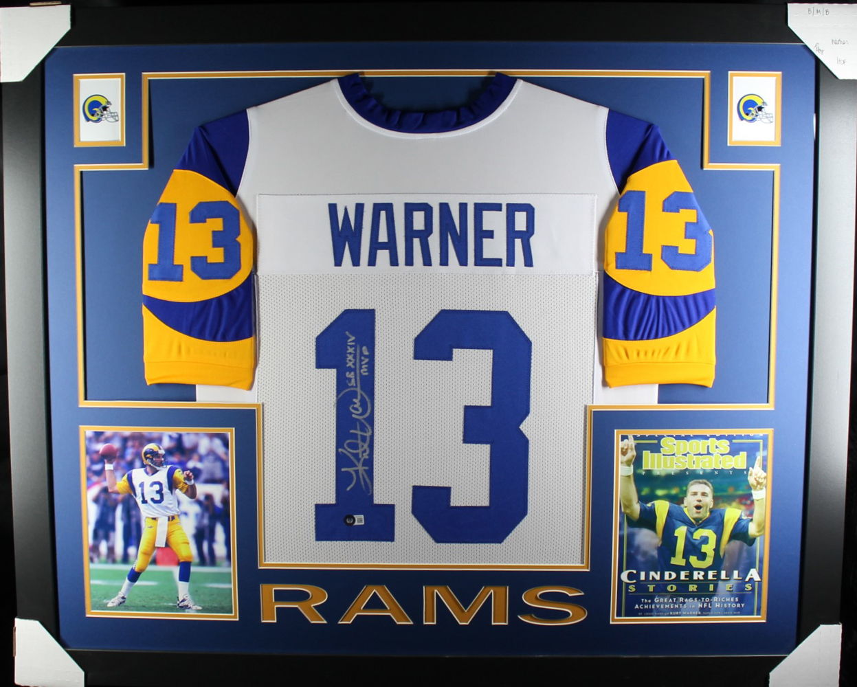 Kurt Warner Autographed/Signed Pro Style Framed White XL Jersey Beckett