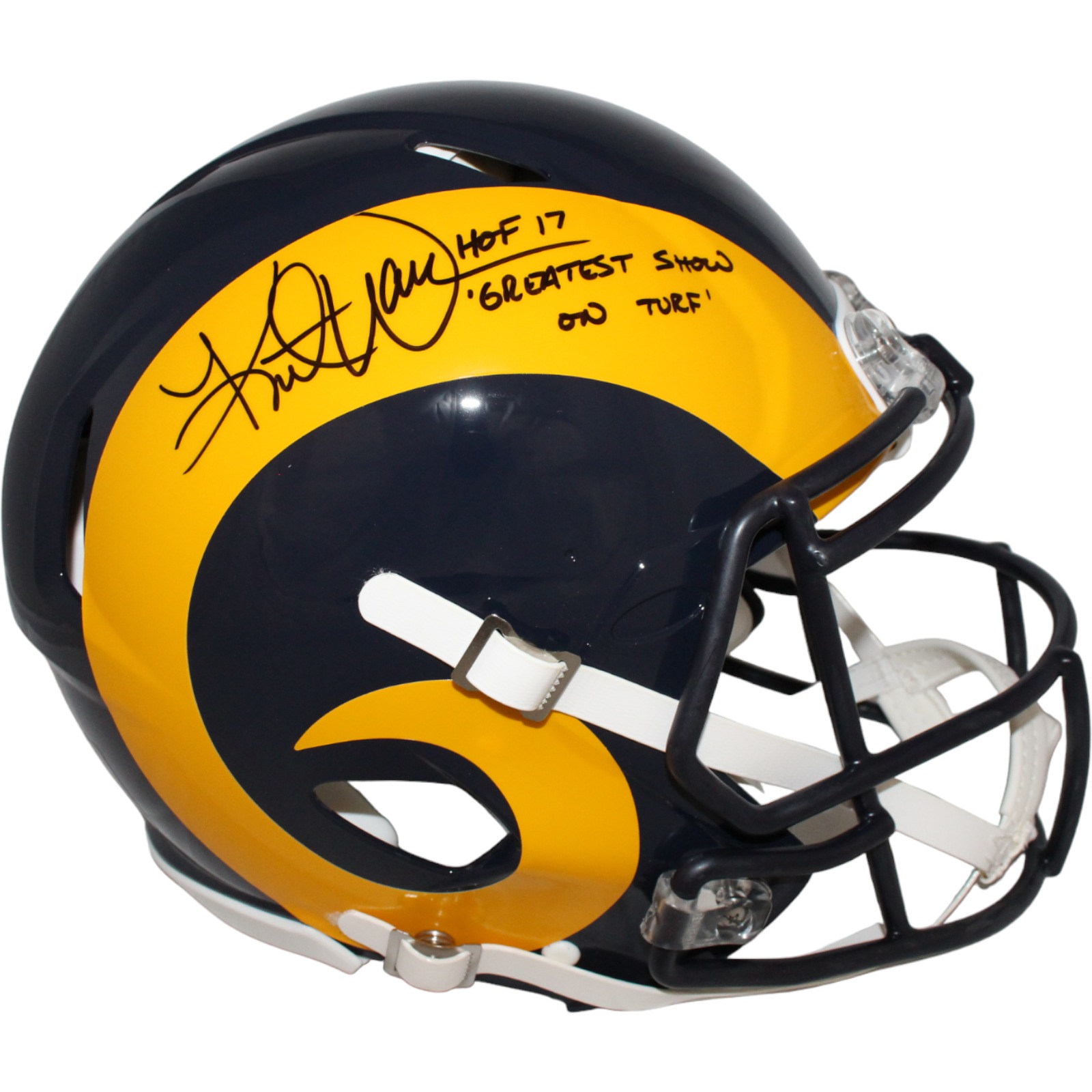 Kurt Warner Signed St. Louis Rams Speed Authentics Helmet w/ 2 insc BAS