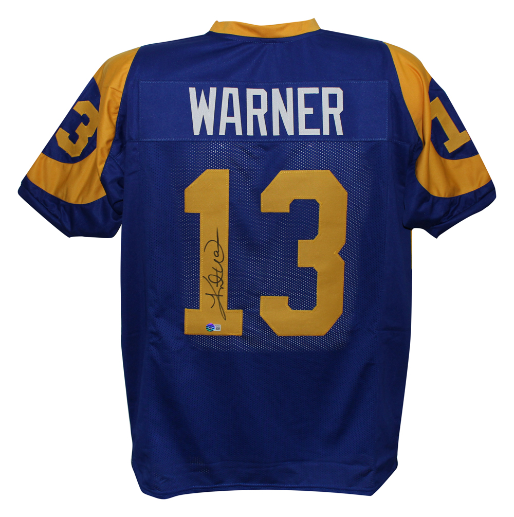 Kurt Warner Autographed/Signed Pro Style Blue XL Jersey SB Beckett