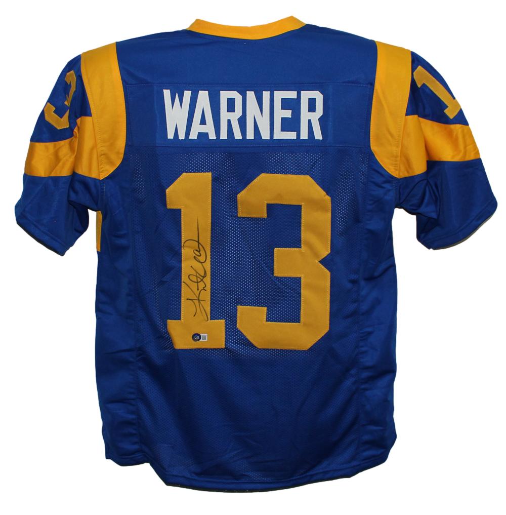 Kurt Warner Autographed/Signed Pro Style Blue XL Jersey Beckett BAS