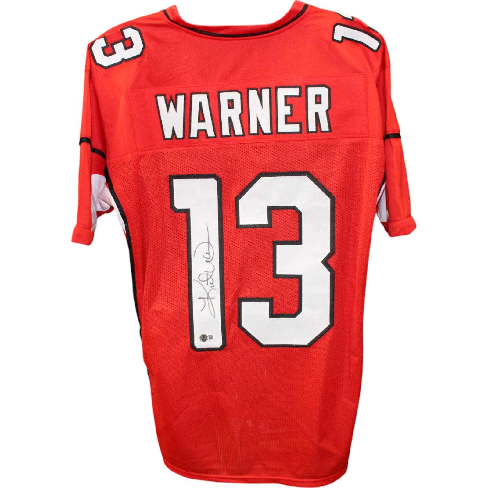 Kurt Warner Autographed/Signed Pro Style XL Red Jersey Beckett Witness 50085