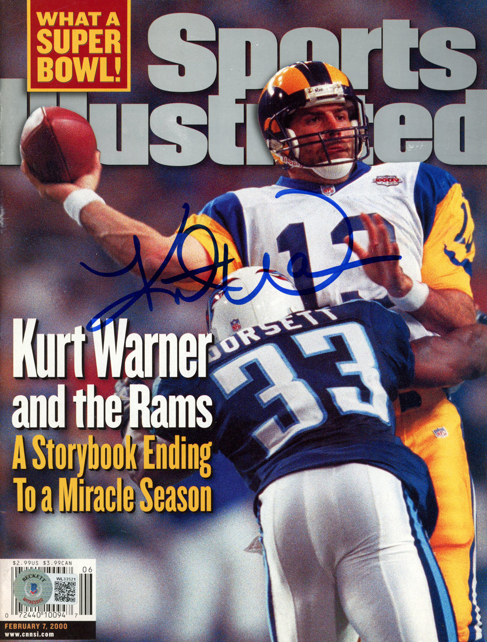 Kurt Warner Autographed Sports Illustrated 2/7/2000 Magazine Beckett