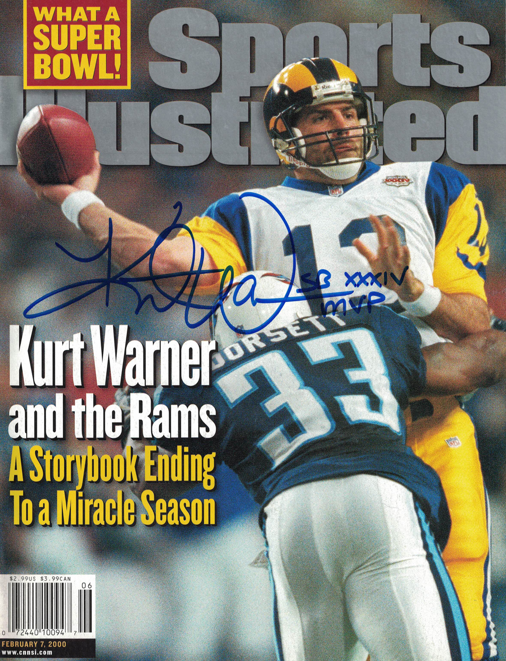 Kurt Warner Signed Sports Illustrated Magazine 2/7/2000 SB MVP Beckett
