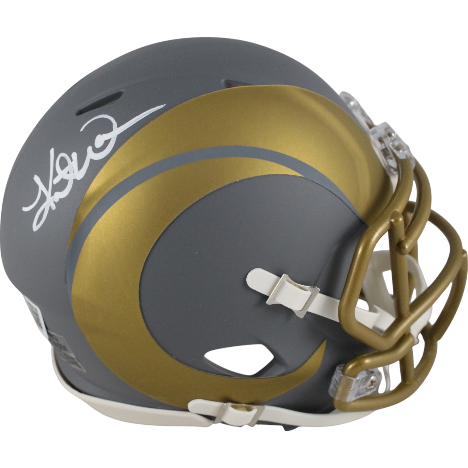 Kurt Warner Autographed Los Angeles Rams Slate Mini Helmet Beckett Witness 50097