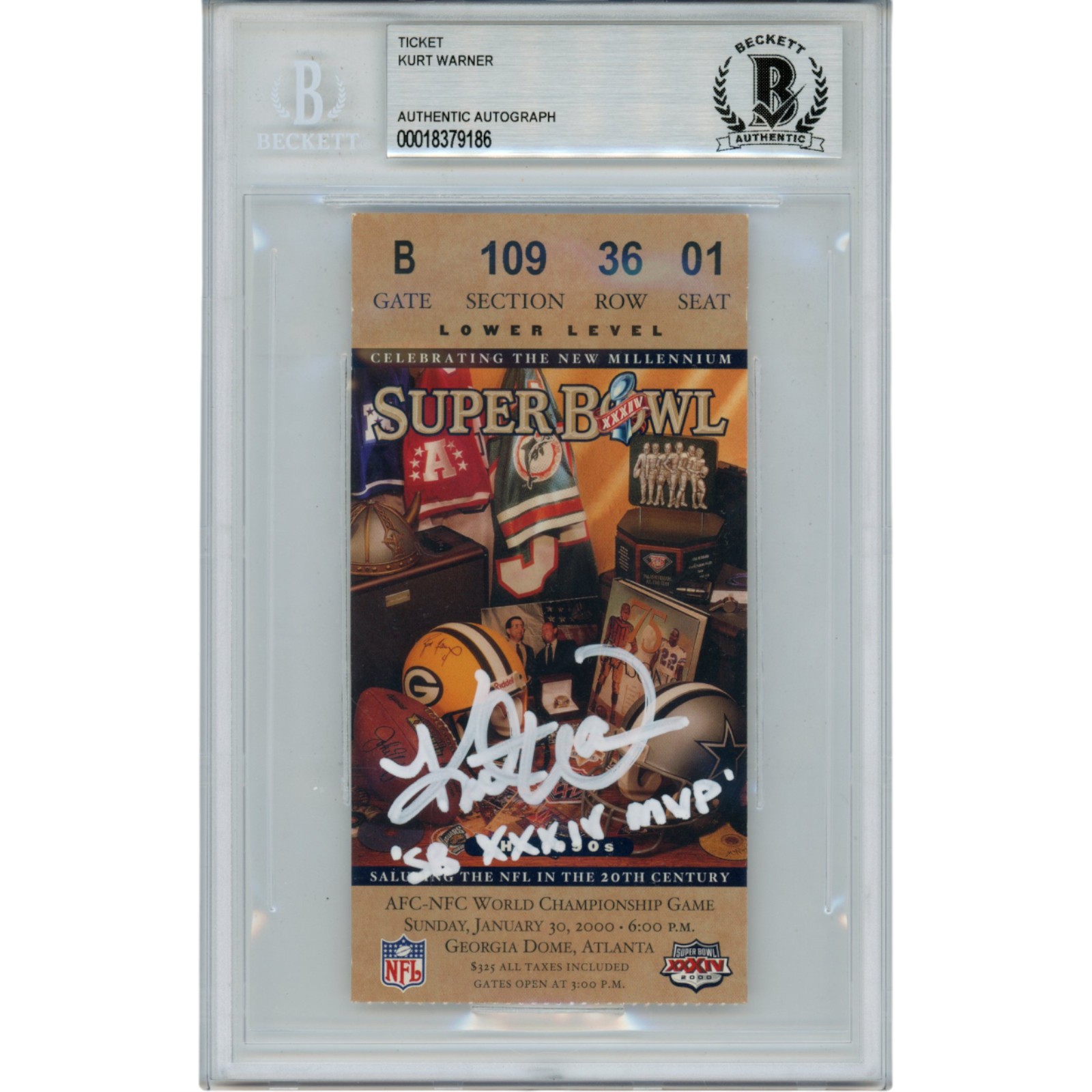 Kurt Warner Autographed St Louis Rams Super Bowl 34 Ticket SB MVP Beckett 50104