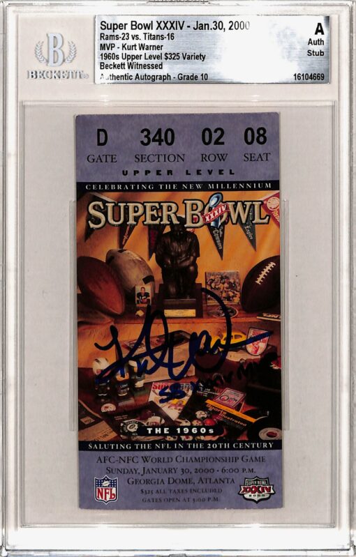 Kurt Warner Signed St Louis Rams Ticket Stub SB XXIV MVP Beckett Slab