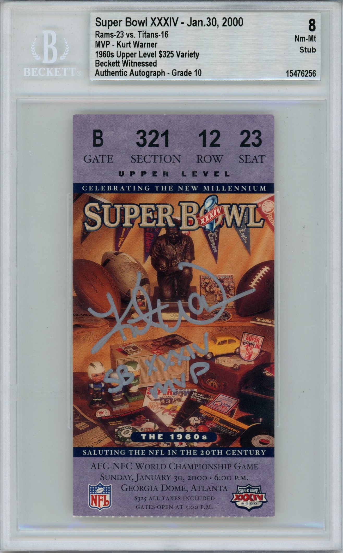 Kurt Warner Signed St Louis Rams Grade 8 Ticket Stub SB MVP Beckett