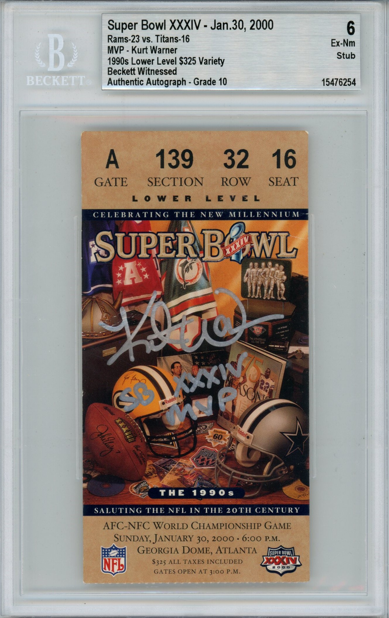 Kurt Warner Signed St Louis Rams Grade 6 Ticket Stub SB MVP Beckett 