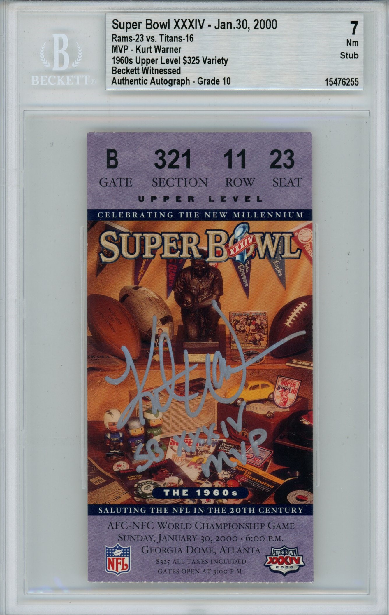 Kurt Warner Signed St Louis Rams Grade 7 Ticket Stub SB MVP Beckett 