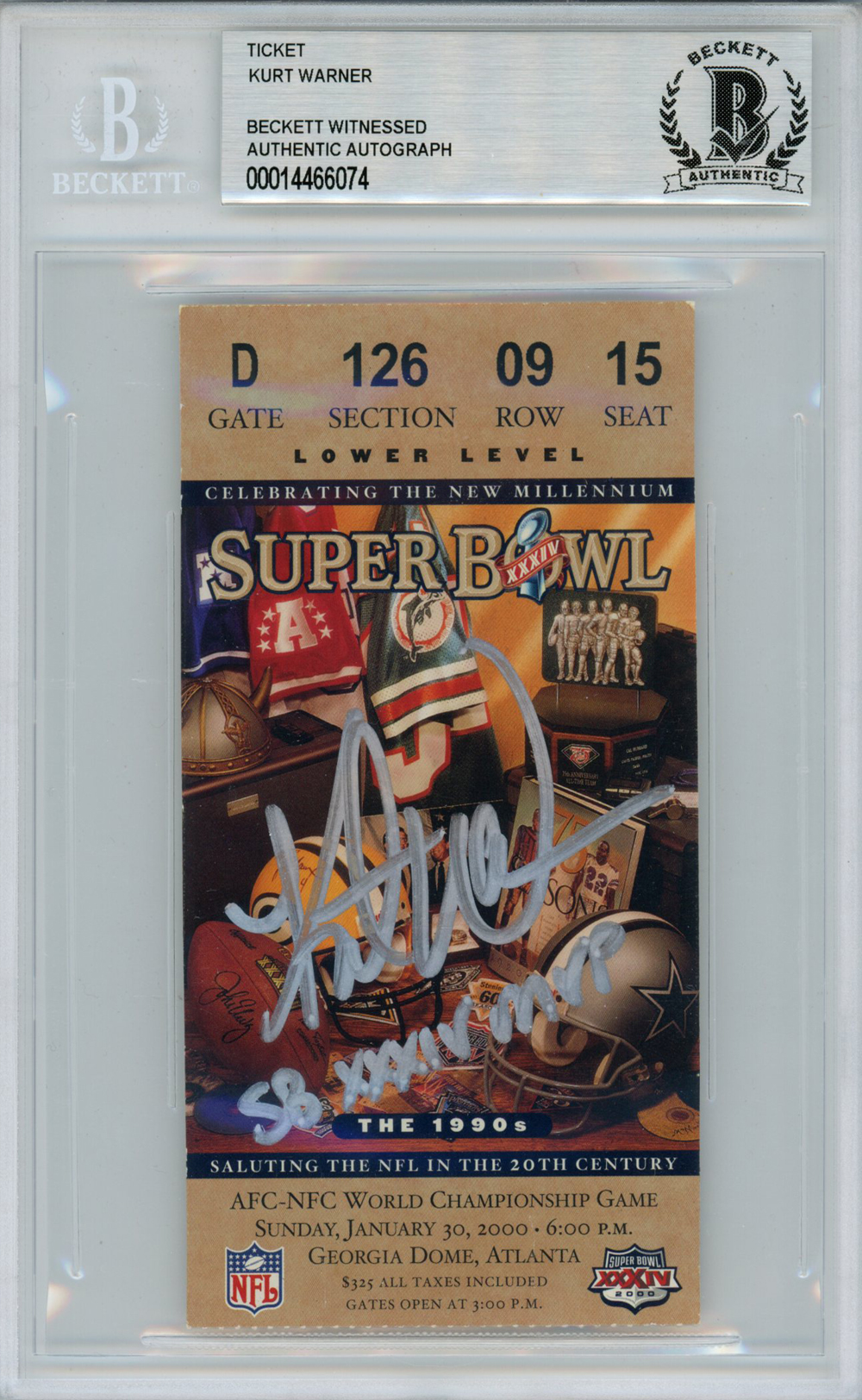 Kurt Warner Autographed Super Bowl XXXIV Ticket Stub SB MVP Beckett Slab