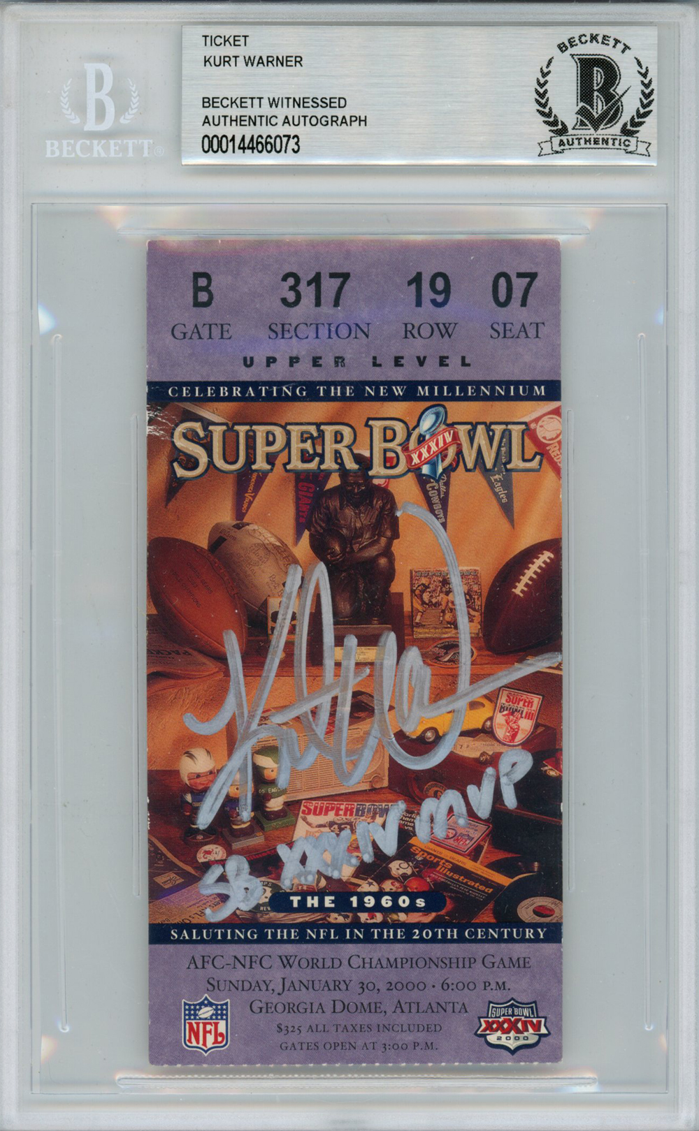 Kurt Warner Autographed Super Bowl XXXIV Ticket Stub SB MVP Beckett Slab