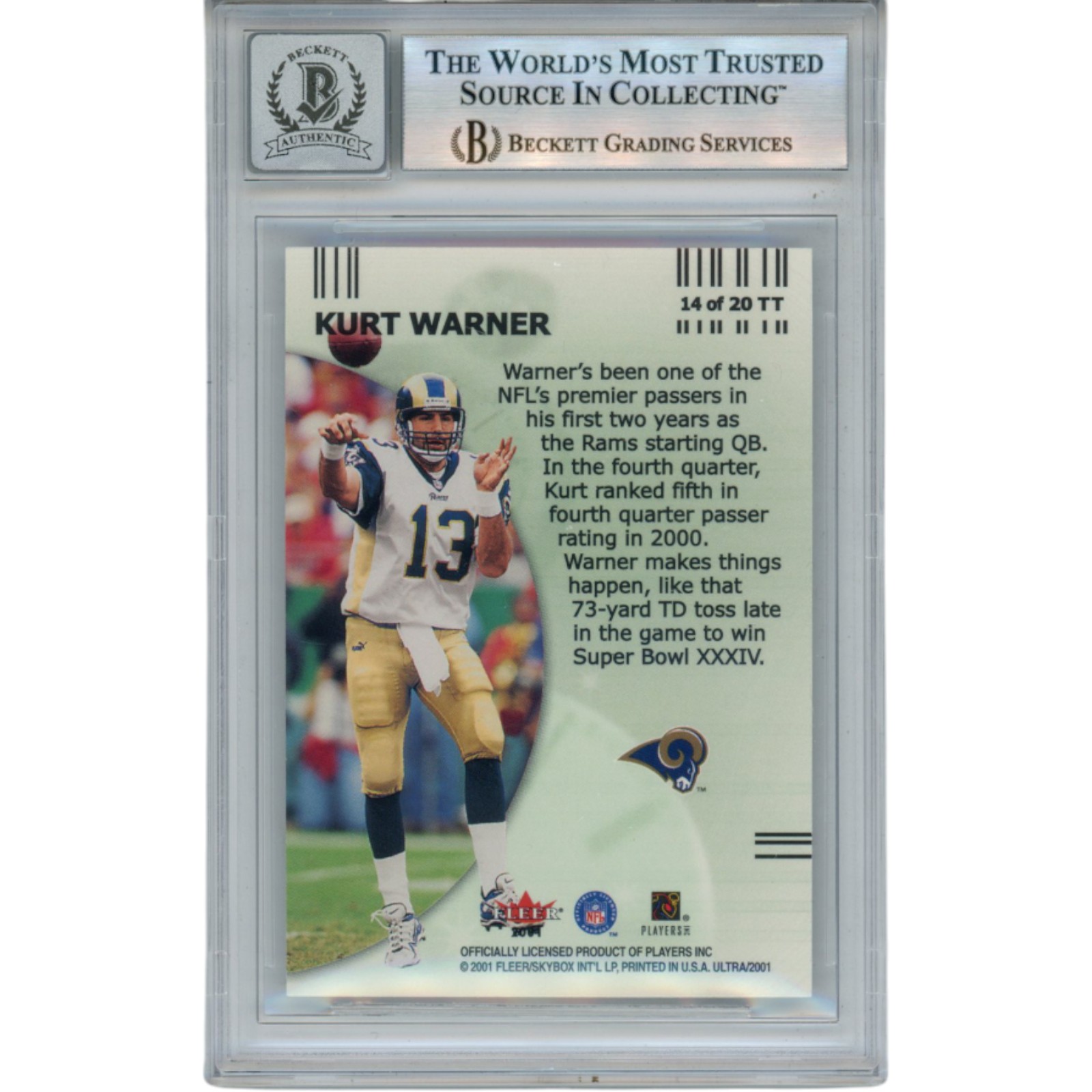 Kurt Warner Autographed 2001 Fleer #14TT Slabbed Trading Card Beckett 50106 2 Kurt Warner Autographed 2001 Fleer #14TT Slabbed Trading Card Beckett 50106
