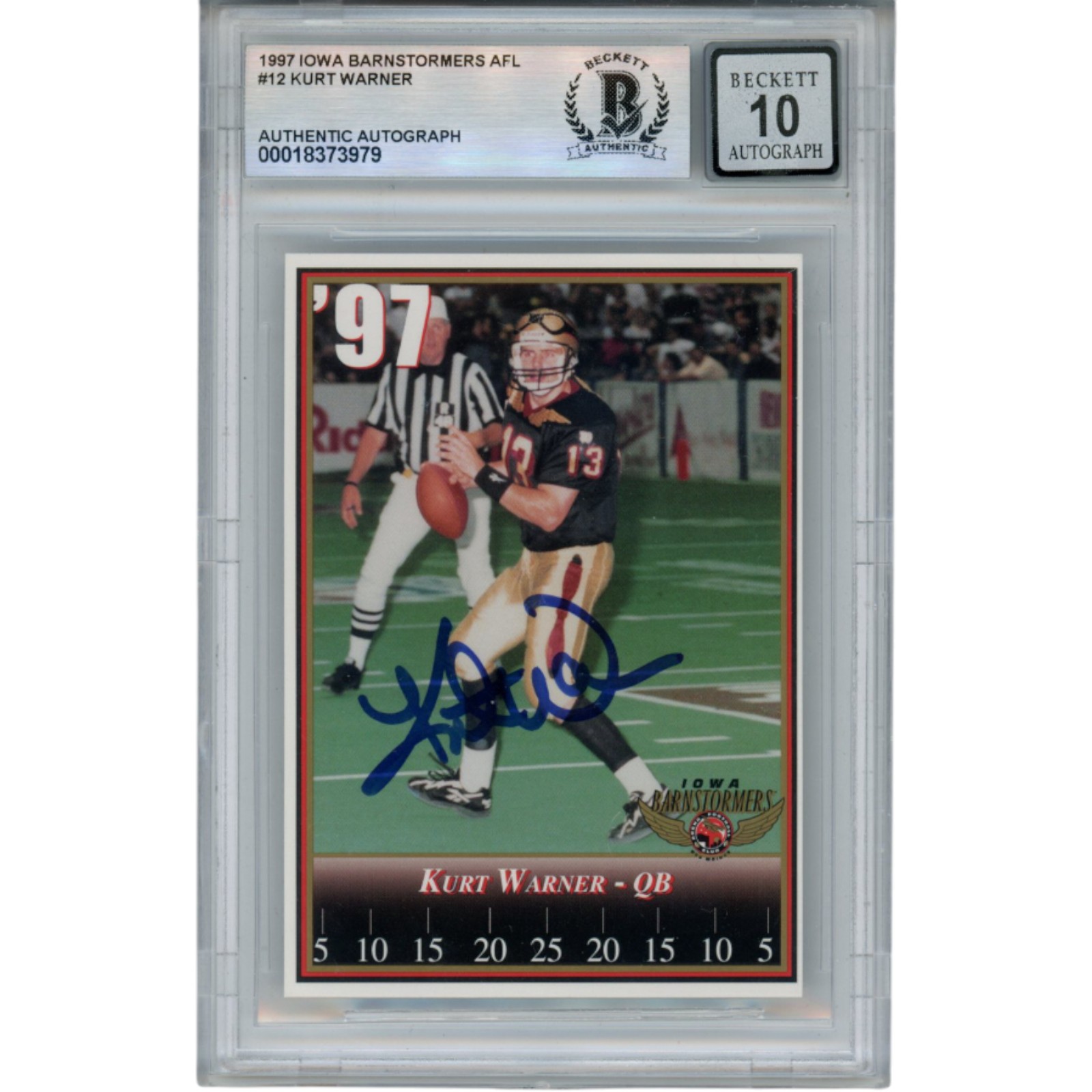 Kurt Warner Autographed 1997 Iowa Barnstormers #12 Trading Card Beckett 50107