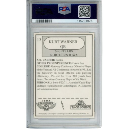 Kurt Warner Autographed 1995 Taco John's #13 Trading Card EX 5 10 Auto PSA 50105