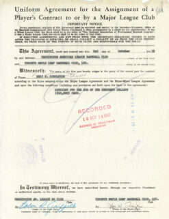 1950 Washington Senators Uniform Contract Agreement Toronto Maple Leafs