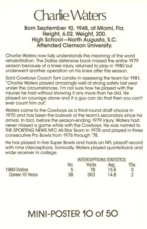 Charlie Waters Dallas Cowboys Mini Poster 10/50 Marketcom 46198