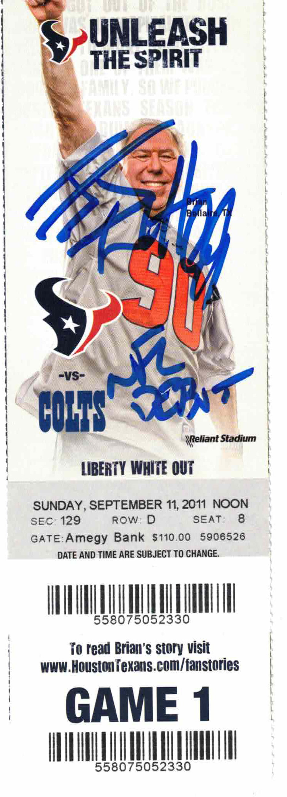 JJ Watt Autographed Ticket 09/11/11 Houston Texans Slabbed Beckett 
