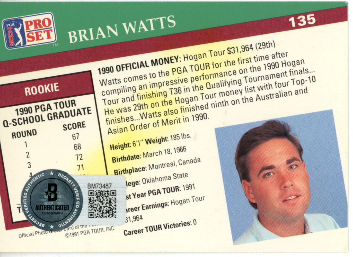 Brian Watts Autographed 1991 Pro Set #135 Trading Card Beckett 44919