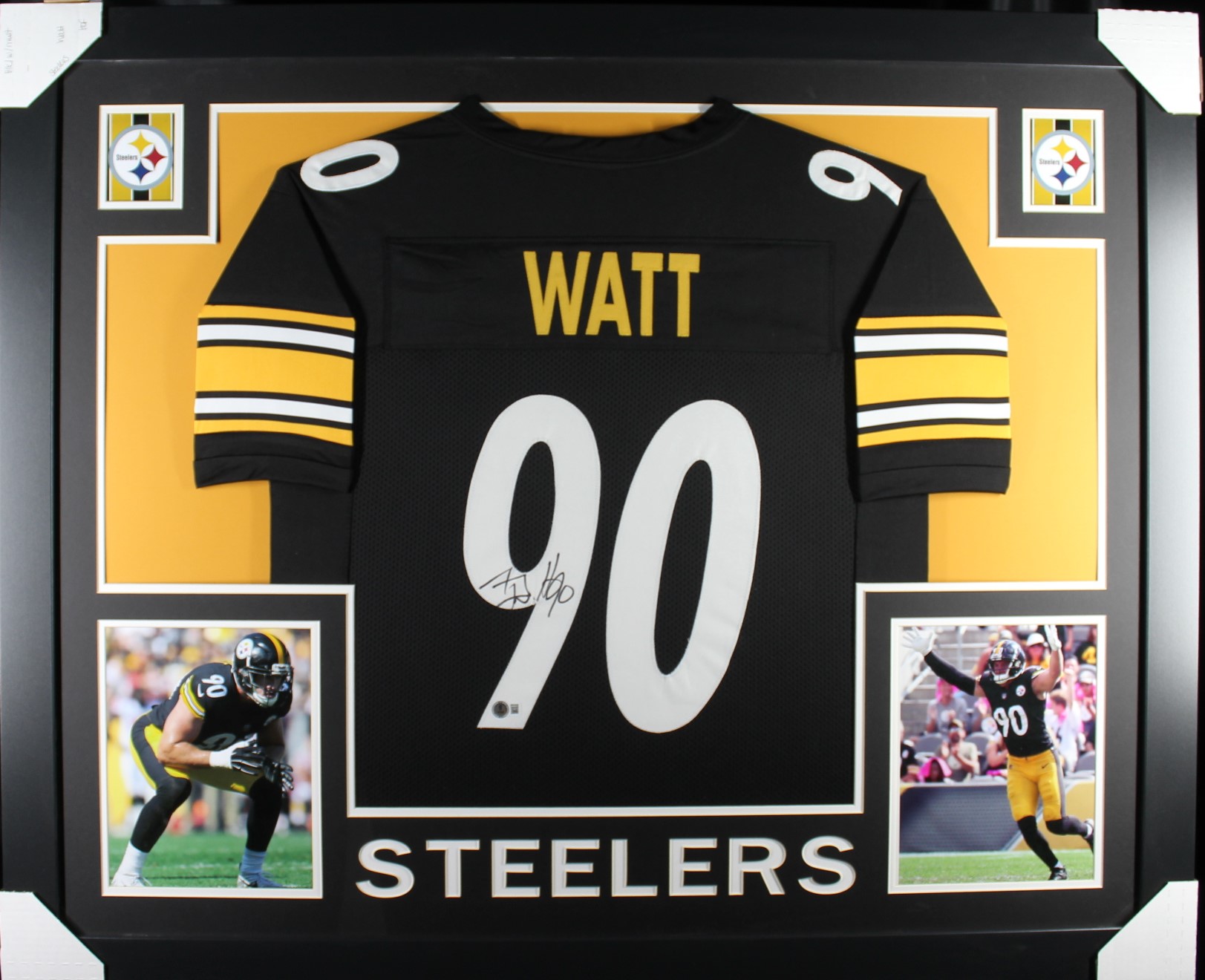 TJ Watt Autographed/Signed Pro Style Black XL Framed Jersey 35x43 Beckett 53768