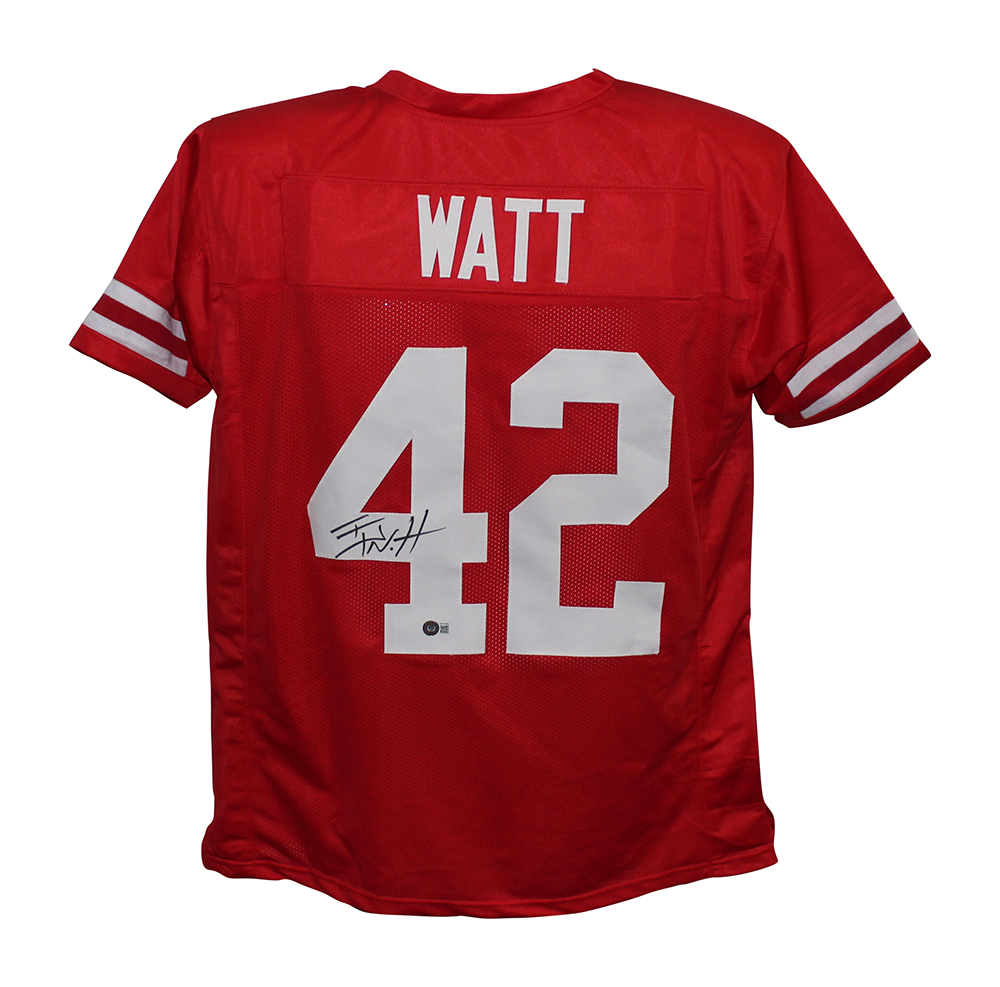 TJ Watt Autographed/Signed College Style Red XL Jersey Beckett BAS