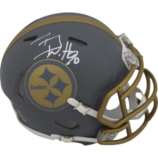 TJ Watt Autographed Pittsburgh Steelers Slate Mini Helmet Beckett Witness 48963