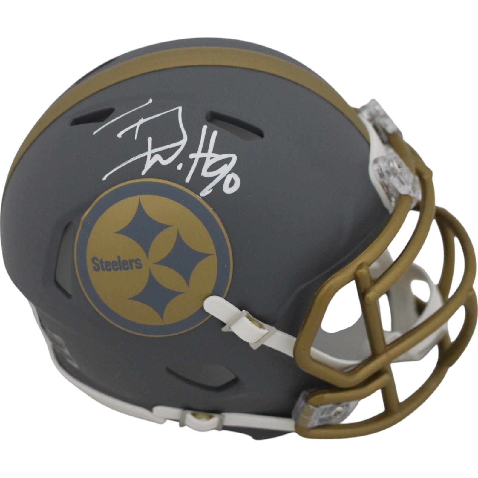 TJ Watt Autographed Pittsburgh Steelers Slate Mini Helmet Beckett Witness 48963