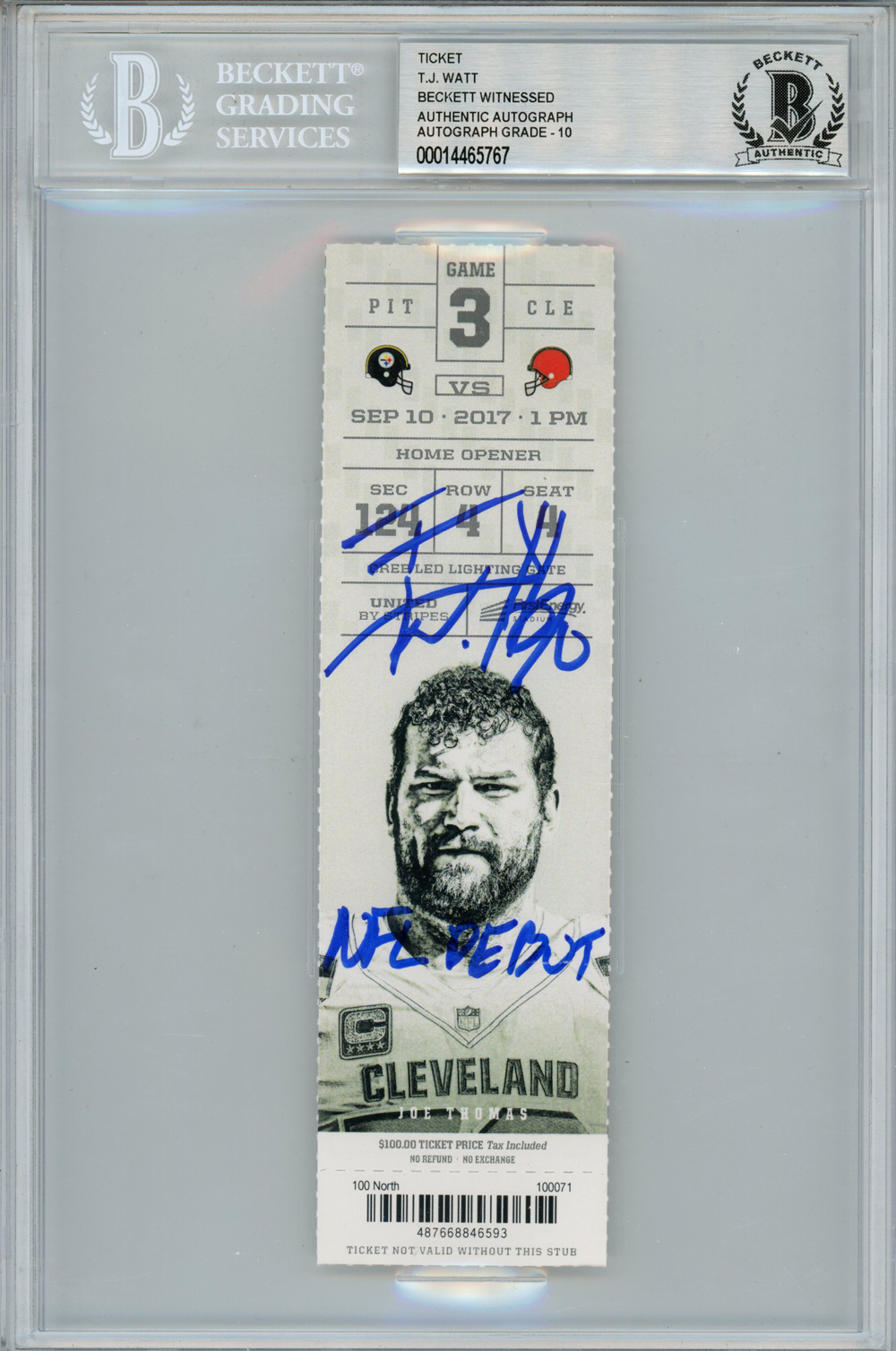 TJ Watt Autographed 9/10/2017 Ticket Stub NFL Debut Beckett Slab