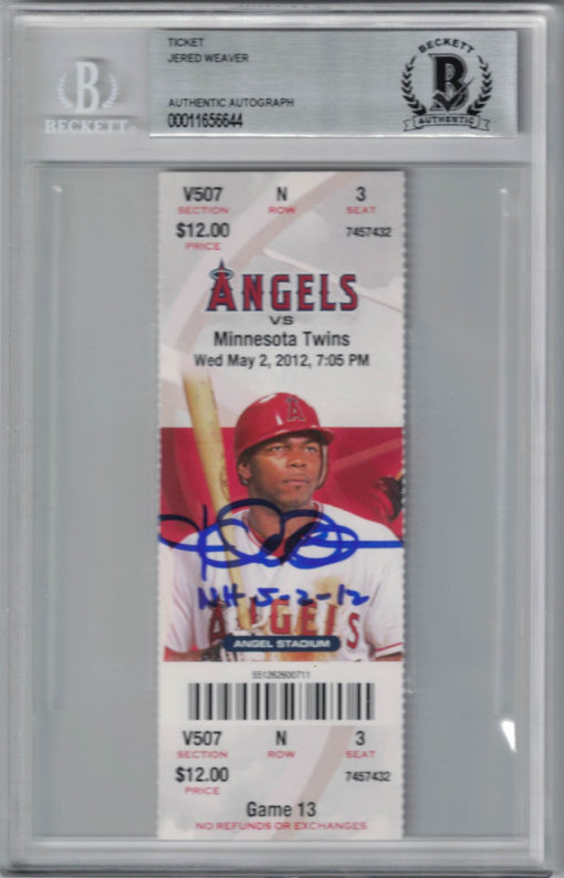 Jered Weaver Autographed Los Angeles Angels Ticket No Hitter BAS Slab 25305