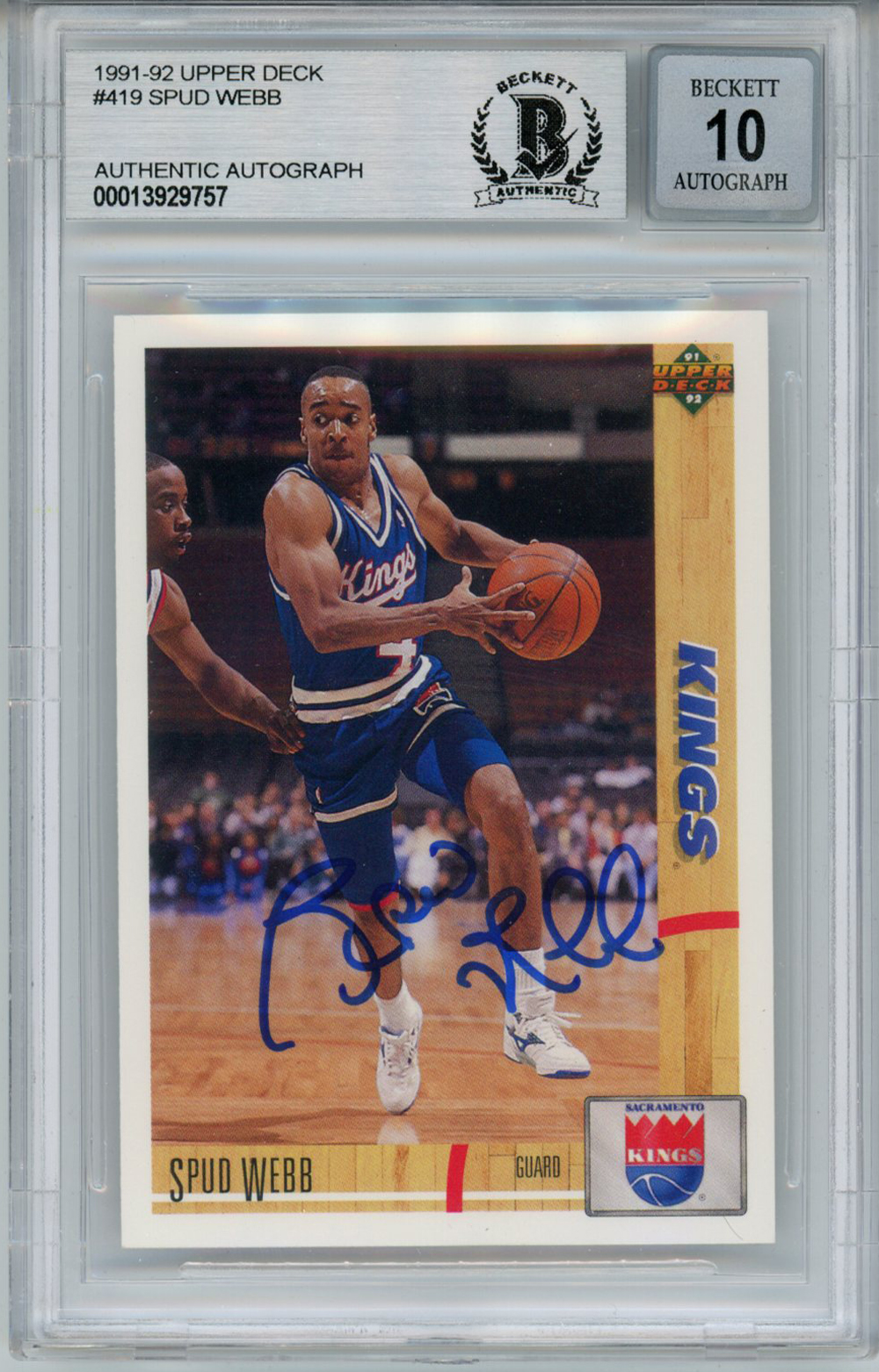 Spud Webb Signed 1991 Upper Deck #419 Trading Card Beckett 10 Slab