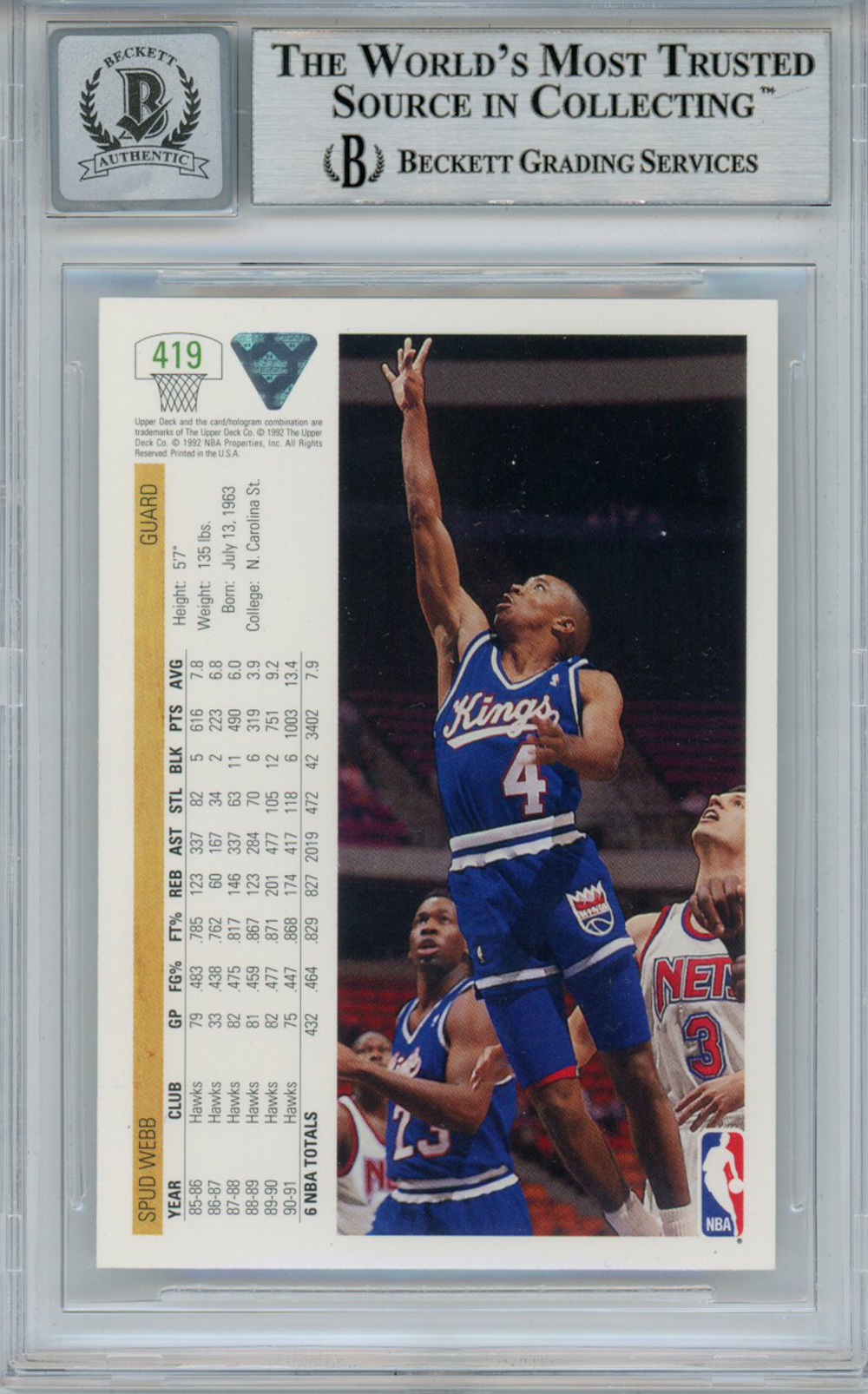 Spud Webb Signed 1991 Upper Deck #419 Trading Card Beckett 10 Slab