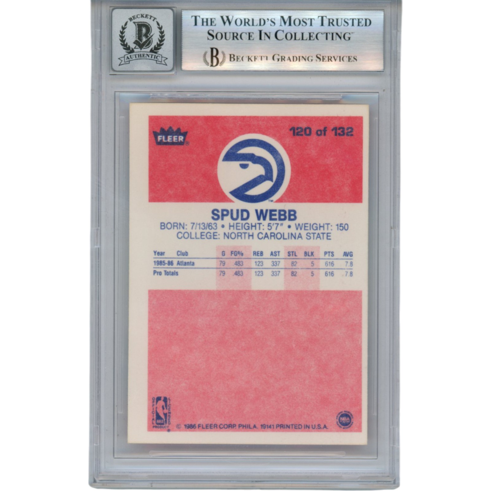 Spud Webb Autographed 1986 Fleer #120 Trading Card 10 Auto Slab Beckett 51914 2 Spud Webb Autographed 1986 Fleer #120 Trading Card 10 Auto Slab Beckett 51914