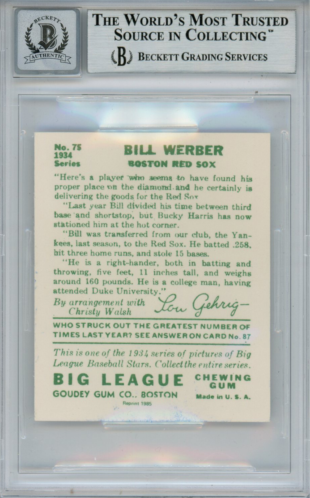 Bill Werber Signed 1934 Goudey '85 Reprints #75 Card Beckett 10 Slab