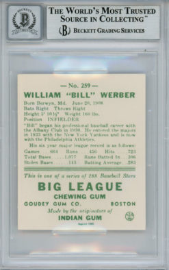 Bill Werber Signed 1938 Goudey Heads-Up '85 Reprints #259 Card BAS 10 Slab
