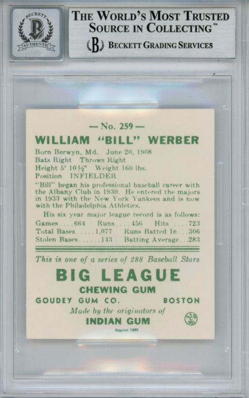 Bill Werber Signed 1938 Goudey Heads-Up '85 Reprints #259 Card BAS 10 Slab