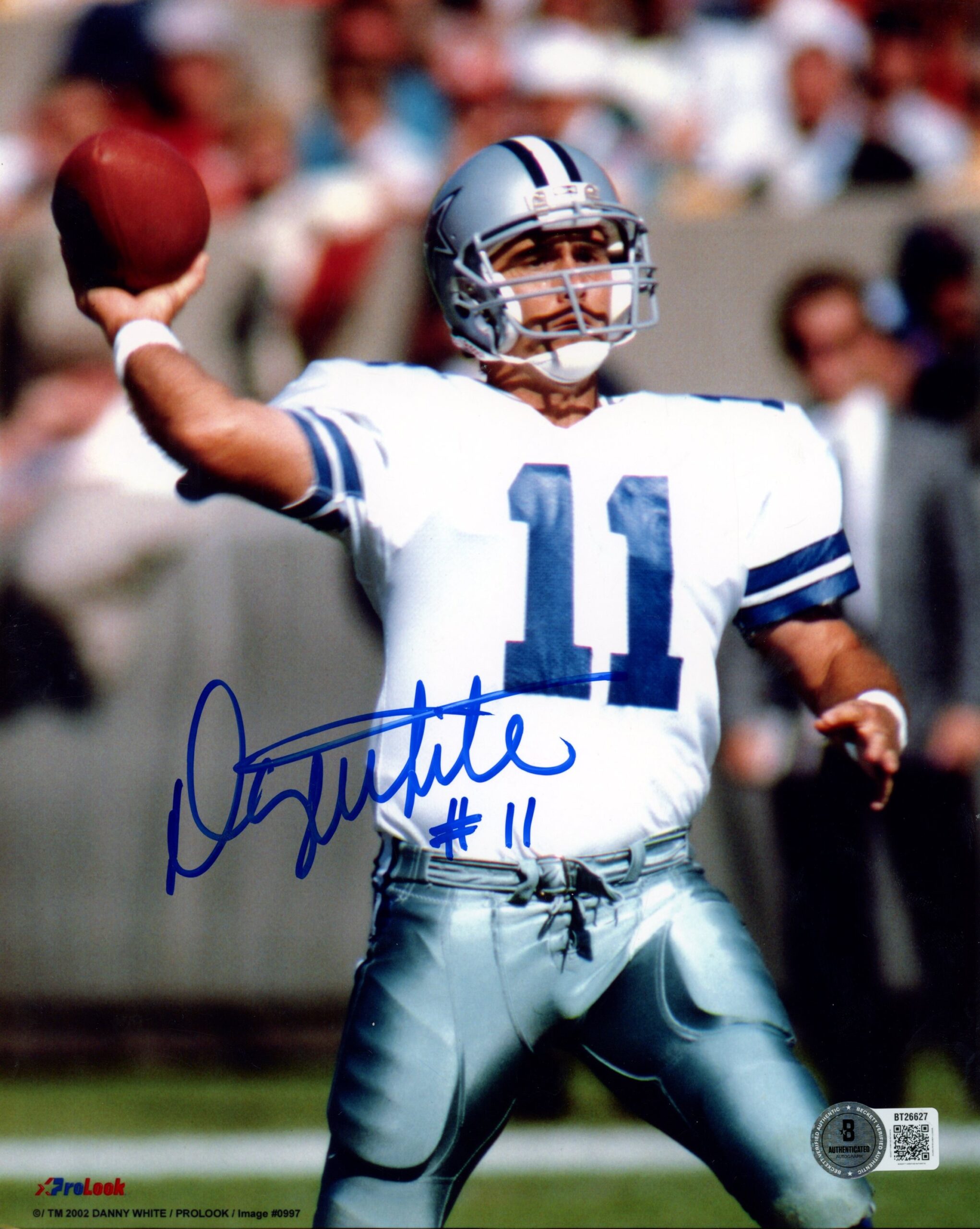 Danny White Autographed Dallas Cowboys 8x10 Photo PL White Throw Beckett 56753