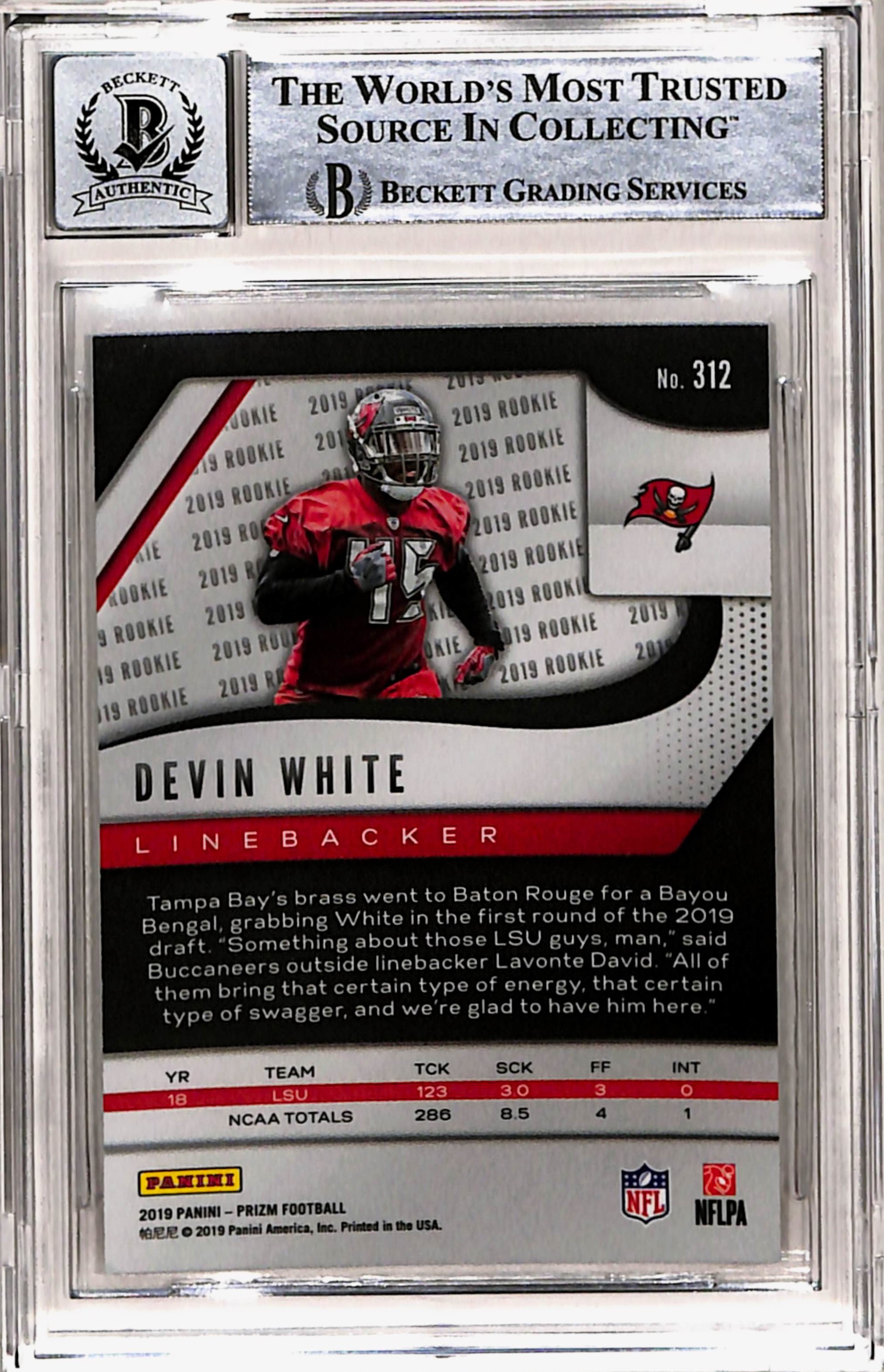 Devin White Signed 2019 Panini Prizm #312 Card Grade 10 Auto Slab Beckett 43292