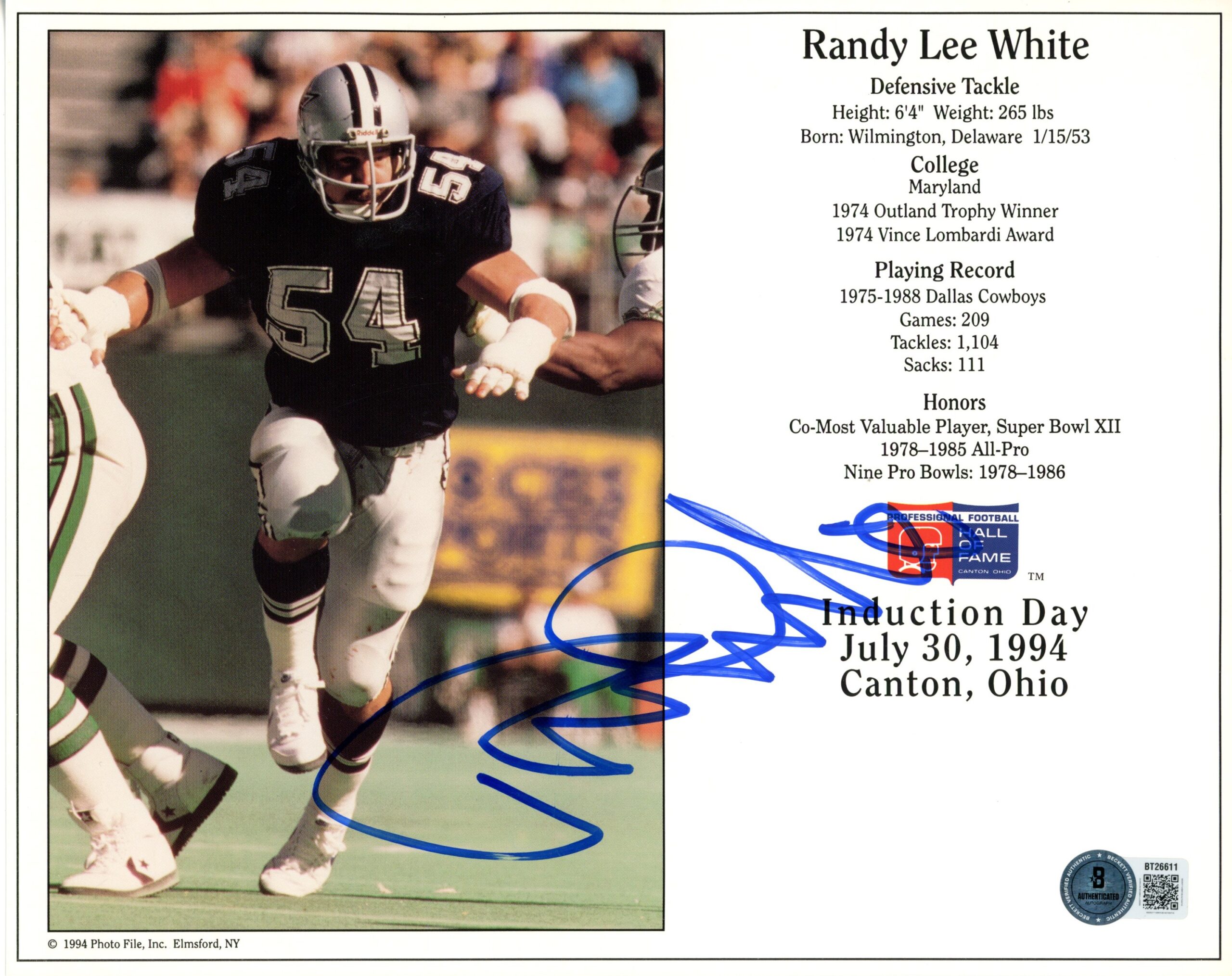 Randy White Autographed/Signed Dallas Cowboys 8x10 Photo Beckett 56694