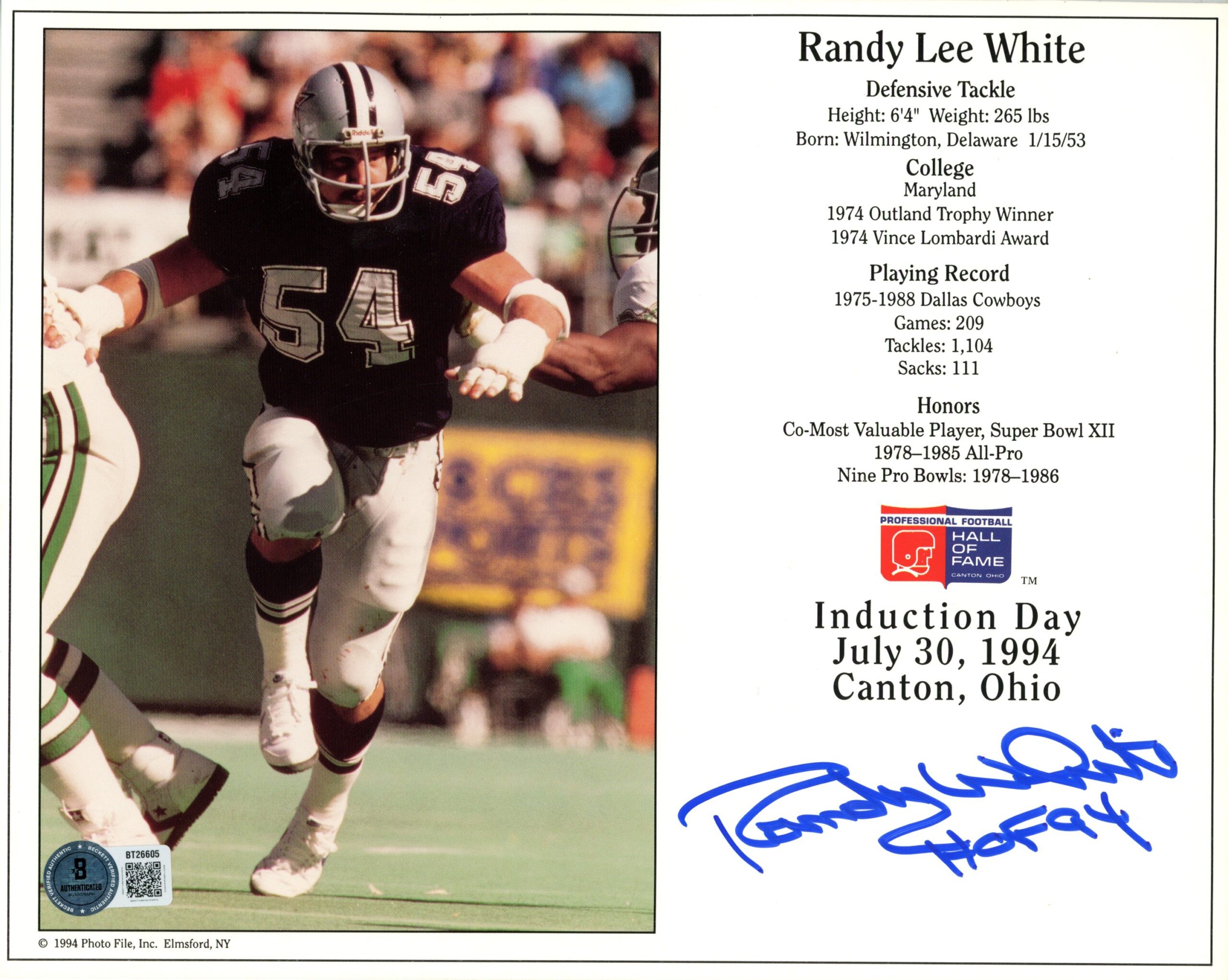 Randy White Autographed/Signed Dallas Cowboys 8x10 Photo HOF Beckett 56699