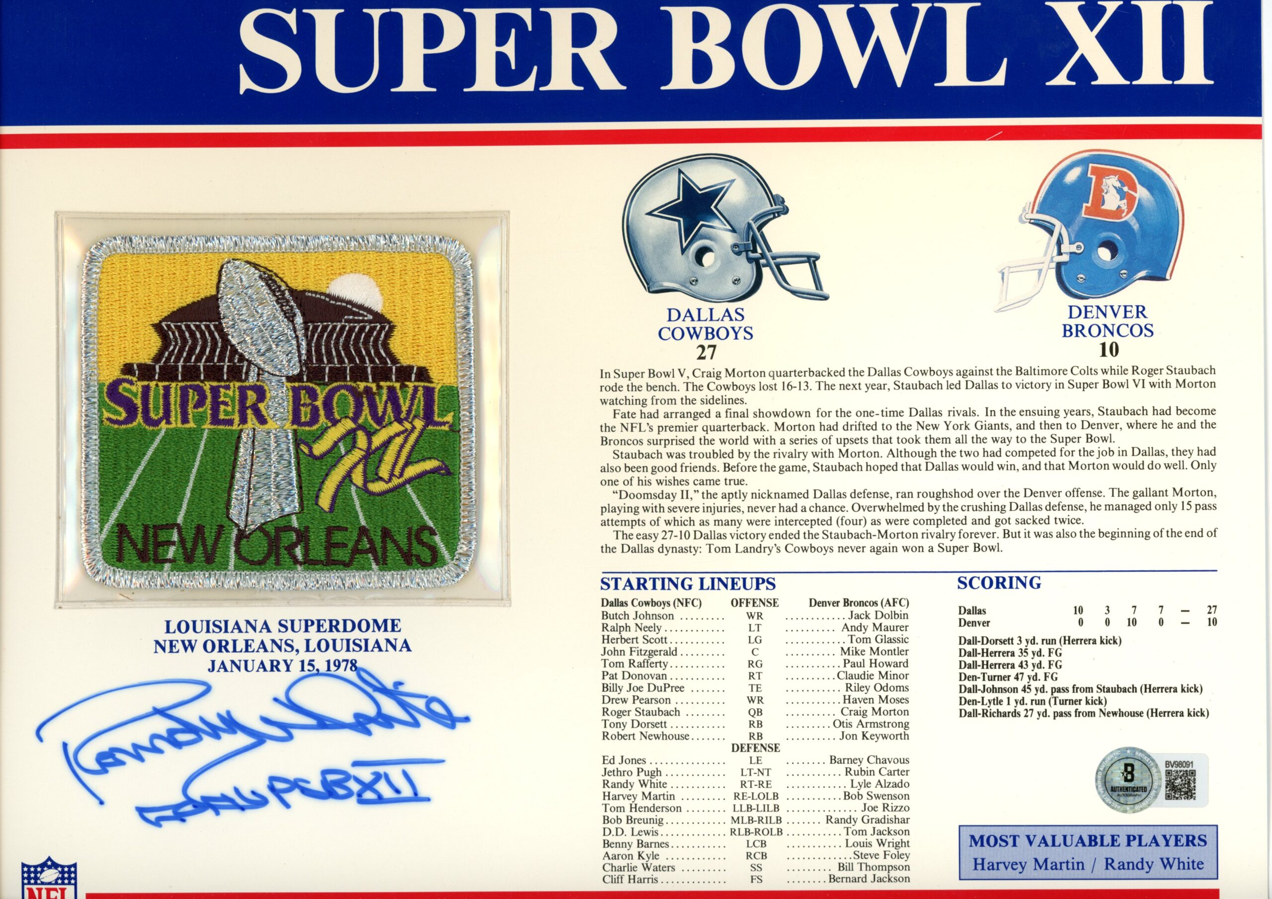 Randy White Signed Dallas Cowboys Super Bowl XII Patch Stat Card Beckett 55005