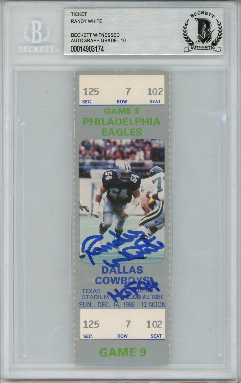 Randy White Autographed 12/14/1986 Ticket Stub w/HOF Beckett Slab