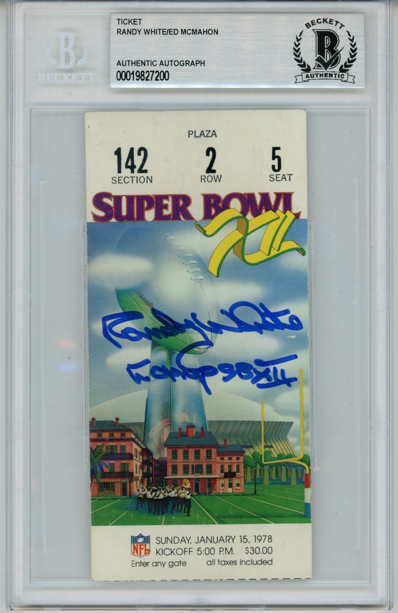 Randy White Signed Dallas Cowboys SB XII SB MVP Ticket Slab Beckett 57042