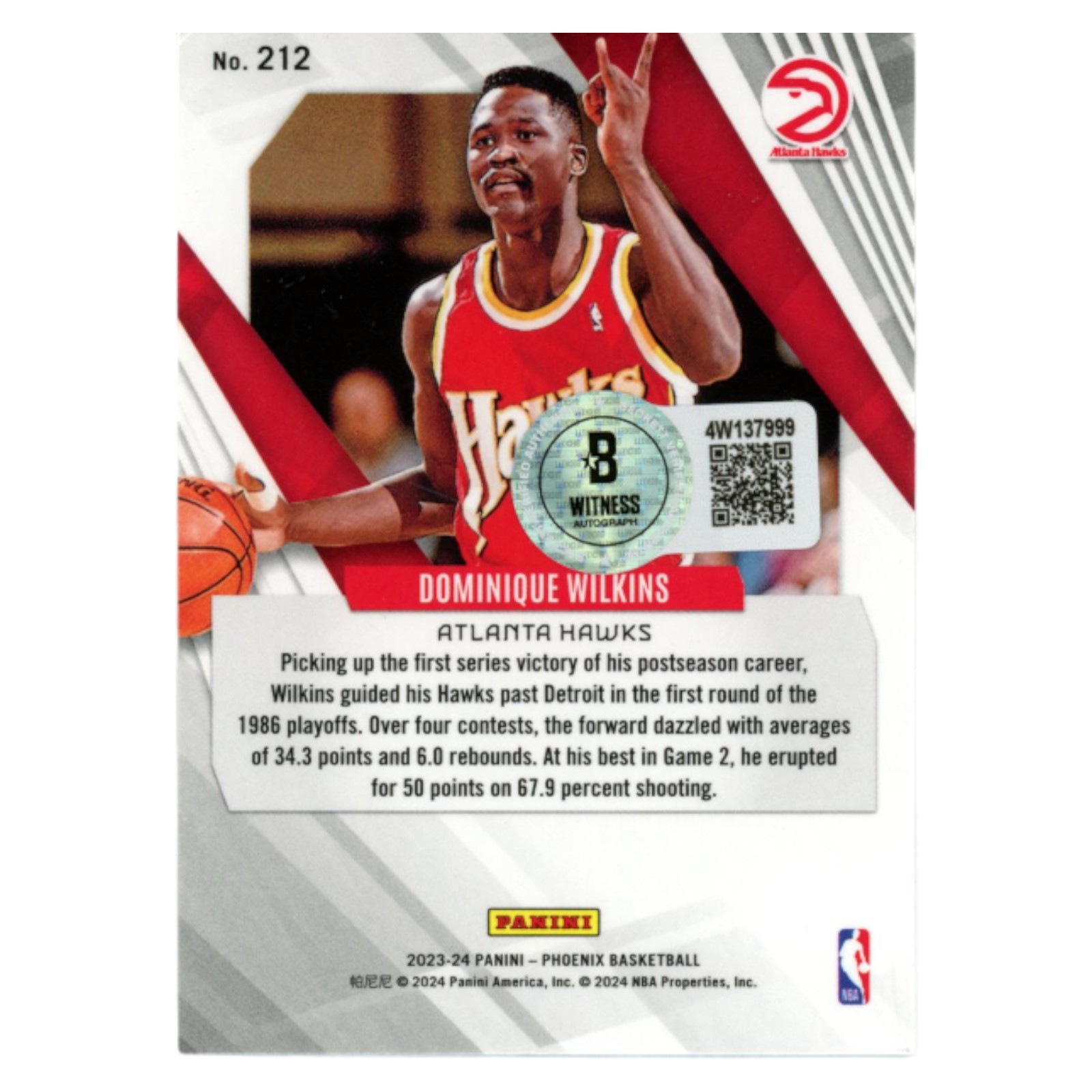Dominique Wilkins Signed 2023-24 Panini Phoenix #212 Trading Card Beckett 54115 2 Dominique Wilkins Signed 2023-24 Panini Phoenix #212 Trading Card Beckett 54115
