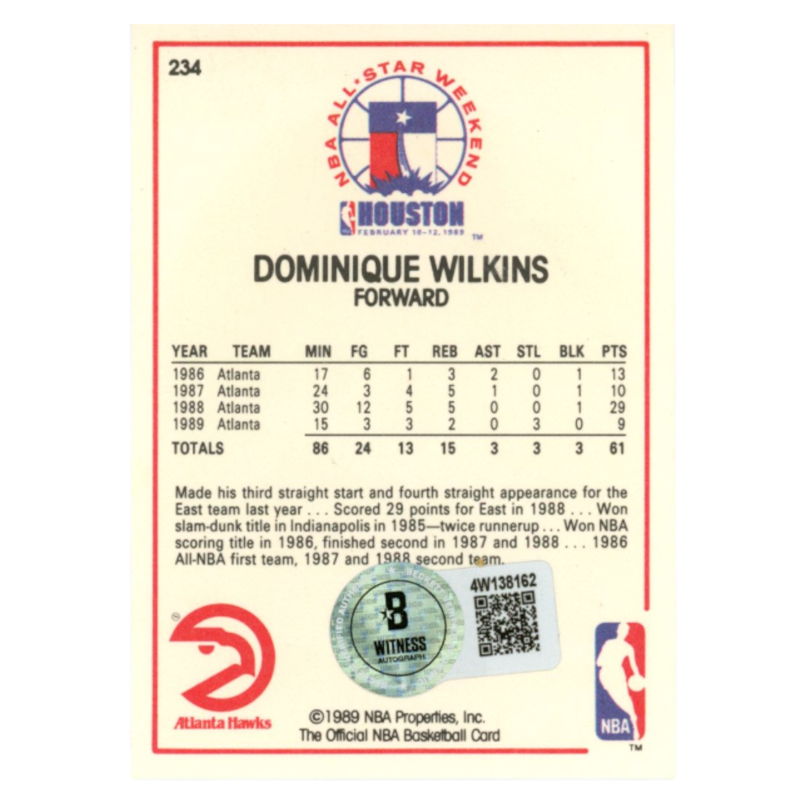 Dominique Wilkins Autographed 1989 NBA Hoops #234 Trading Card Beckett 54238 2 Dominique Wilkins Autographed 1989 NBA Hoops #234 Trading Card Beckett 54238