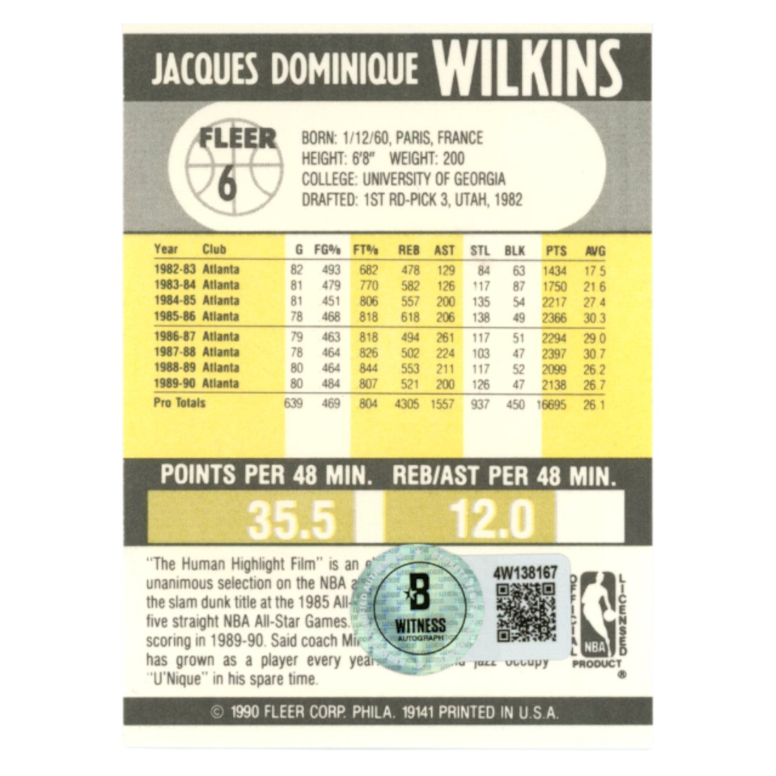 Dominique Wilkins Autographed 1990 Fleer #6 Trading Card Beckett 54202